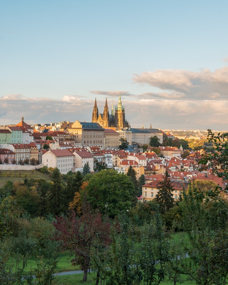 photo of prague castle at sunset from petrin hill