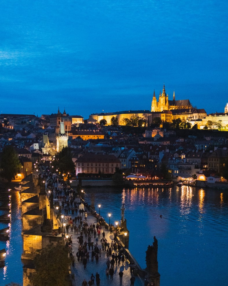 view from the top of Old Tower at Night in prague