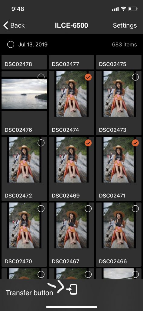 screenshot of multiple images selected to be transferred from sony a6500 to smartphone