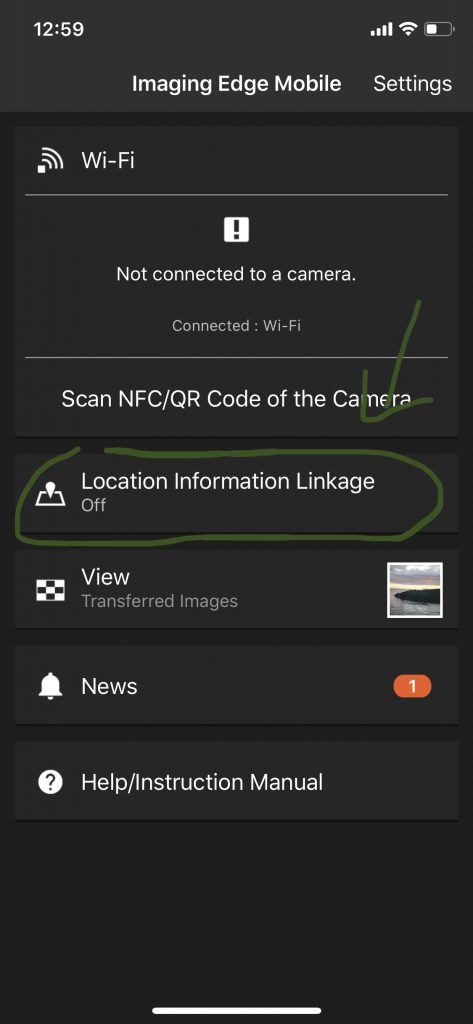 screenshot of imaging edge mobile dashboard with location information linkage option circled
