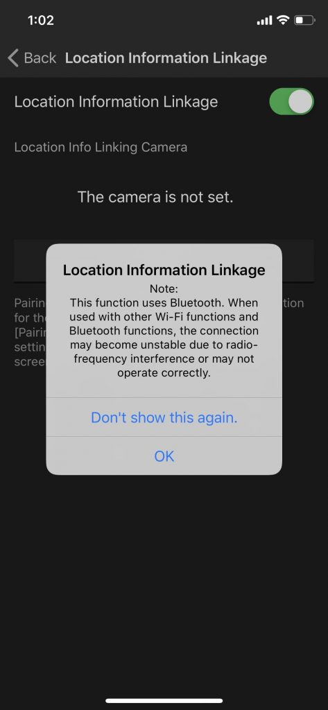 screen shot of location information linkage message box on sony a6500