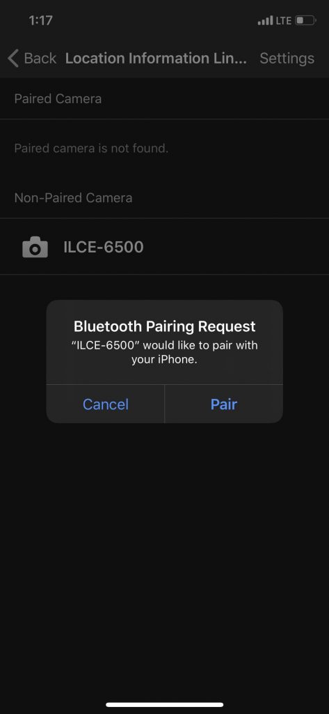 screen shot of pairing request dialog box on imaging edge mobile app