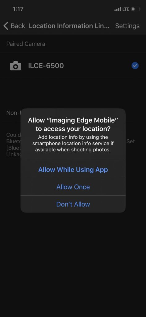 screenshot of imaging edge mobile asking when you want to allow access to location