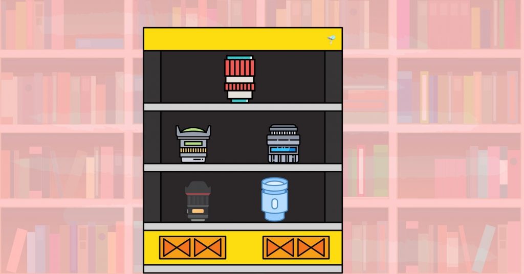 illustration of different lenses on a yellow shelf