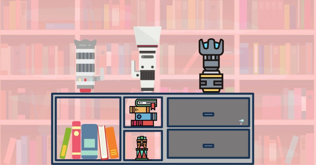 illustration of zoom lenses on a book shelf
