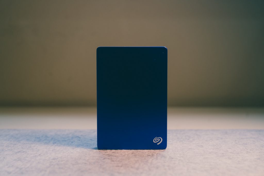 image of blue seagate hard drive standing up