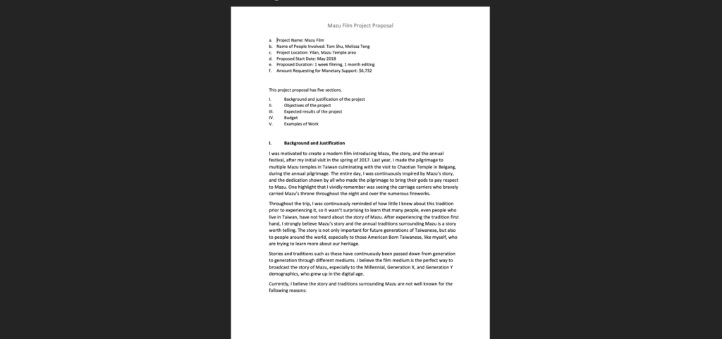 screenshot of project proposal written in word