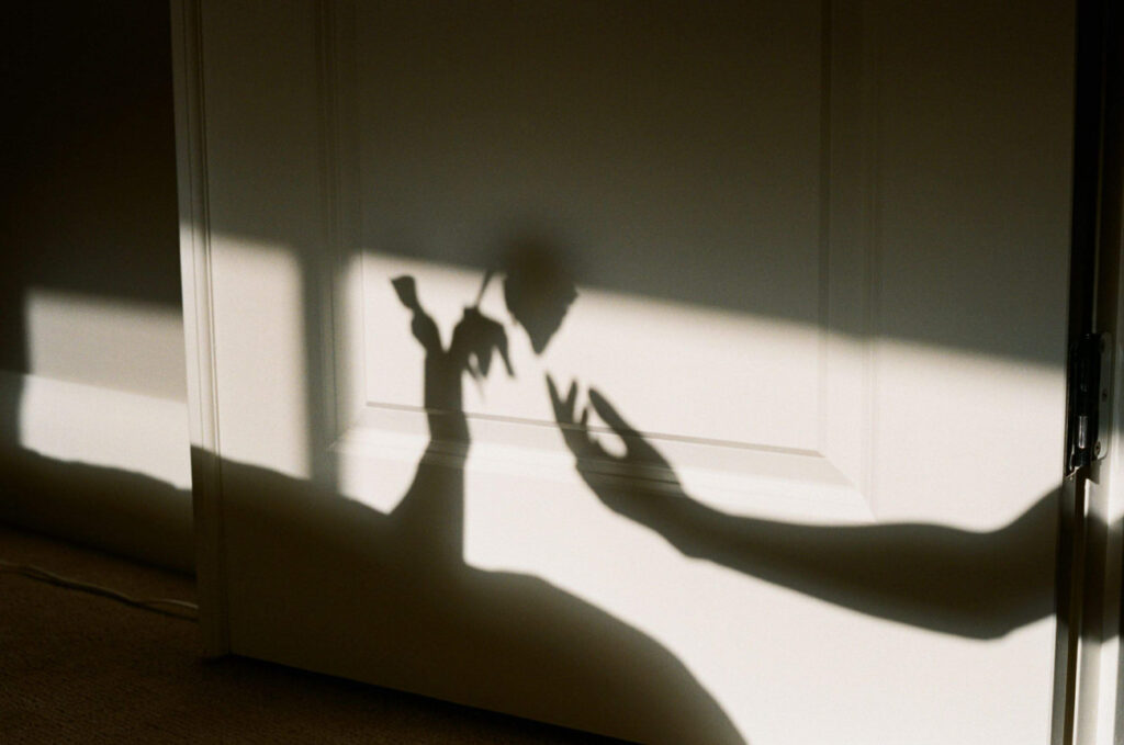 image of a shadow of a hand touching a shadow of a rose