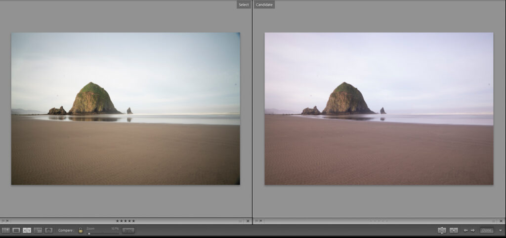 side by side image comparing ND filter at Cannon Beach Oregon