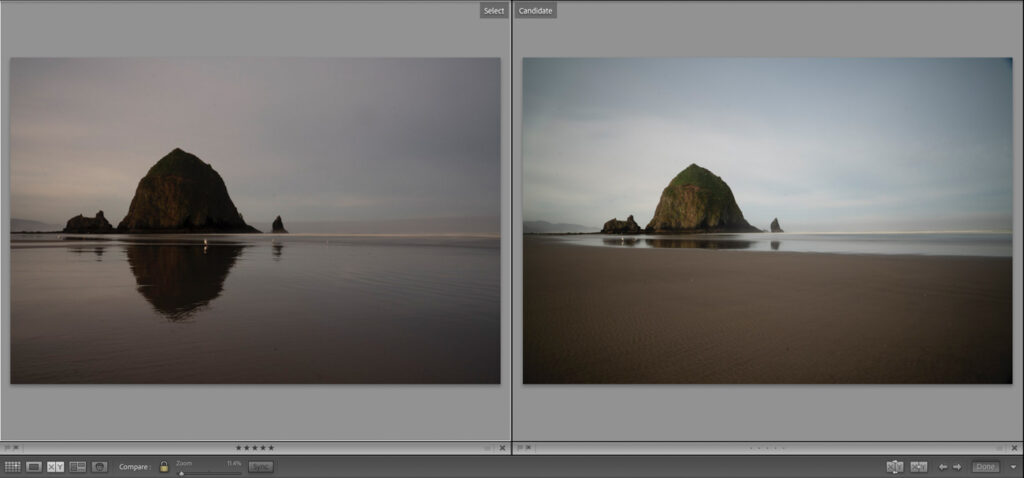 side by side image comparing ND filter at Cannon Beach Oregon