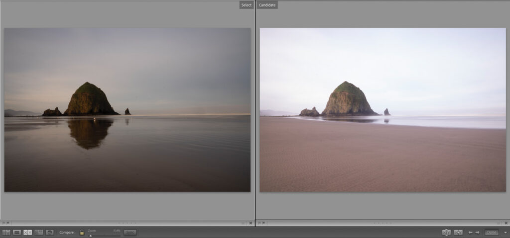 side by side image comparing ND filter at Cannon Beach Oregon