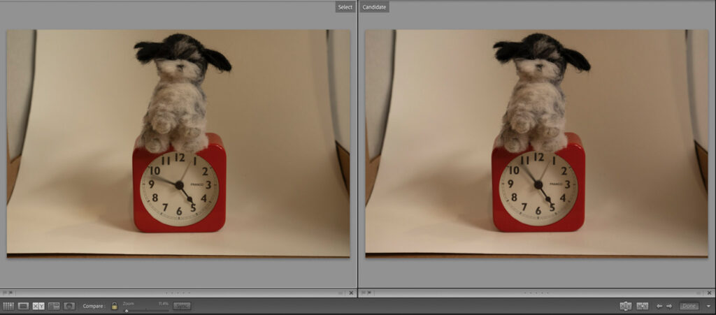 side by side image of a dog stuffed animal on clock