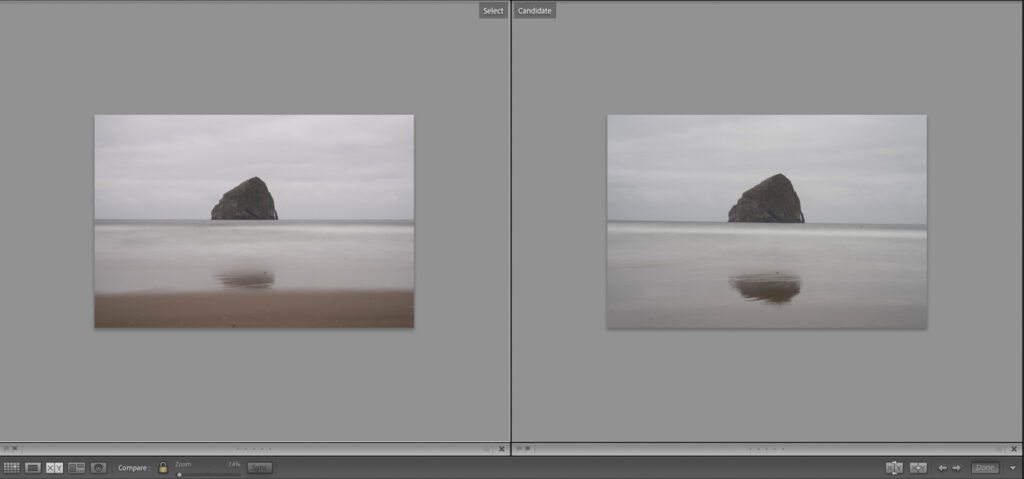 side by side image comparing ND filter at Cannon Beach Oregon