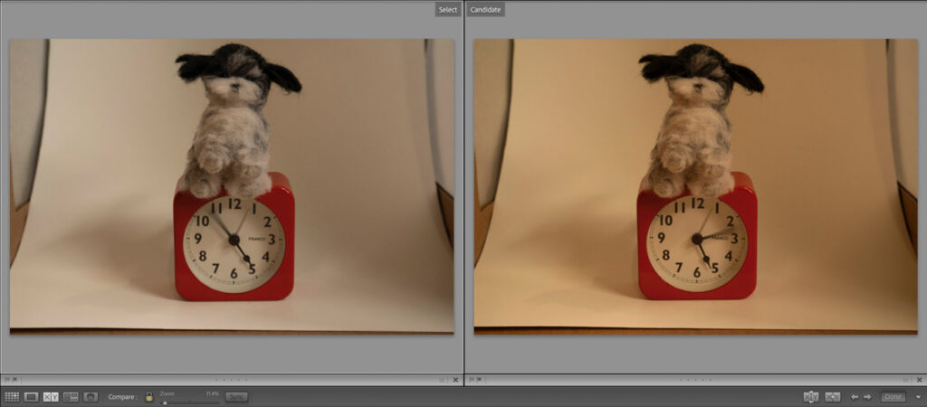 side by side image of a dog stuffed animal on clock